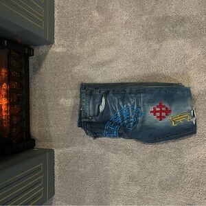 Men's Blue Denim Shorts with Embroidered Accents